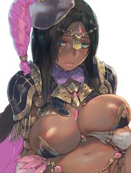 Rule 34 | 1girl, aoin, areola slip, black hair, breasts, circlet, dark-skinned female, dark skin, fate/grand order, fate (series), forehead jewel, gloves, green eyes, hat, highres, large breasts, lips, looking at viewer, navel, scheherazade (fate), grabbing own breast, shoulder pads, solo, white background