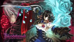 Rule 34 | 1boy, 1girl, black hair, bloodstained: ritual of the night, blue eyes, brown hair, copyright name, detached sleeves, gauntlets, gebel (bloodstained), gloves, hair between eyes, hair ornament, highres, miriam (bloodstained), multicolored hair, natsume yuji, official art, official wallpaper, pale skin, red eyes, short hair, grey eyes, stained glass, sword, title, wallpaper, weapon
