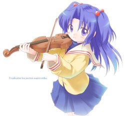 Rule 34 | 1girl, blue hair, blue shirt, blue skirt, blush, bow (music), breasts, cardigan, clannad, closed mouth, commentary request, cowboy shot, emurin, french text, hair bobbles, hair ornament, hikarizaka private high school uniform, ichinose kotomi, instrument, long hair, long sleeves, looking at viewer, parted bangs, purple eyes, school uniform, serafuku, shirt, simple background, skirt, small breasts, smile, solo, two side up, violin, white background, yellow cardigan