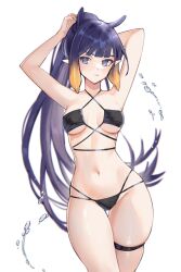 Rule 34 | 1girl, adjusting hair, arm behind head, bare arms, bare legs, bare shoulders, bikini, black bikini, blue eyes, blunt bangs, breasts, closed mouth, commentary, criss-cross halter, english commentary, evangellium, gradient hair, halterneck, highres, hololive, hololive english, light blush, long hair, looking at viewer, medium breasts, mole, mole under eye, multi-strapped bikini bottom, multicolored hair, navel, ninomae ina&#039;nis, orange hair, pointy ears, purple hair, sidelocks, simple background, solo, stomach, swimsuit, tentacle hair, thigh strap, two-tone hair, very long hair, virtual youtuber, water drop, white background