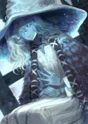 Rule 34 | 1girl, blue eyes, blue hair, blue skin, cloak, colored skin, cracked skin, dress, elden ring, extra arms, extra faces, fur cloak, hat, highres, joints, long hair, looking at viewer, one eye closed, ranni the witch, solo, udakyo, white dress, white hat, witch, witch hat