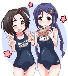 2girls bare_shoulders blue_background blue_hair blue_one-piece_swimsuit blush border braid breasts brown_eyes brown_hair character_name collarbone covered_navel cowboy_shot dot_nose double_v hair_bobbles hair_ornament hairclip handheld_game_console hands_up holding holding_handheld_game_console idolmaster idolmaster_cinderella_girls idolmaster_cinderella_girls_starlight_stage long_hair looking_at_viewer miyoshi_sana multiple_girls name_tag one-piece_swimsuit one_eye_closed one_side_up open_mouth outside_border parted_lips round_border school_swimsuit short_hair side_ponytail small_breasts smile standing star_(symbol) star_symbol_background swimsuit tadanoshi_kabane twin_braids twintails v white_border yanase_miyuki