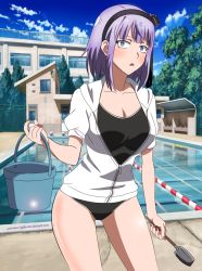 Rule 34 | 10s, 1girl, :o, black one-piece swimsuit, blue eyes, breasts, bucket, building, cleavage, cloud, contrapposto, cowboy shot, dagashi kashi, day, fence, fingernails, flower, hair flower, hair ornament, hairband, highres, holding, jacket, ladle, lane line, large breasts, looking at viewer, nail polish, one-piece swimsuit, open mouth, outdoors, partially unzipped, pool, poolside, purple hair, red nails, ringed eyes, shidare hotaru, short hair, short sleeves, sky, solo, standing, swimsuit, swimsuit under clothes, tree, watermark, web address, yakumo-saito, zipper