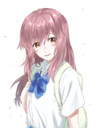 Rule 34 | 1girl, backpack, bag, blue bow, blush, bow, bowtie, brown eyes, brown hair, collared shirt, commentary request, highres, koe no katachi, long hair, looking at viewer, mitsugu, nishimiya shouko, nose blush, pink hair, school uniform, shirt, short sleeves, simple background, solo, upper body, white background, white shirt, wing collar