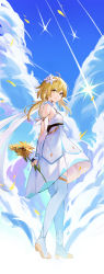 Rule 34 | 1girl, absurdres, arm guards, arms behind back, blue sky, cloud, cloudy sky, comet, commentary request, derby (dabidabi), detached sleeves, dress, eyes visible through hair, flower, full body, genshin impact, hair between eyes, hair flower, hair ornament, highres, holding, holding flower, light brown hair, looking at viewer, lumine (genshin impact), short hair, short hair with long locks, sidelocks, sky, solo, standing, white dress, white legwear, yellow eyes