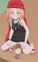 Rule 34 | 1girl, aruman, bandana, bead necklace, beads, blonde hair, blush, censored, feet, glass, highres, jewelry, kyouyama anna, long hair, looking at viewer, mosaic censoring, necklace, no panties, pee, peeing, peeing in cup, pussy, shaman king, toes, yellow eyes
