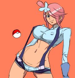 Rule 34 | 10s, 1girl, bb (baalbuddy), blue eyes, breasts, colorized, contrapposto, covered erect nipples, creatures (company), crop top, game freak, gloves, gym leader, hair ornament, hair over one eye, impossible clothes, large breasts, navel, nintendo, pink hair, poke ball, pokemon, pokemon bw, short hair, short shorts, shorts, skyla (pokemon), solo, standing, taut clothes