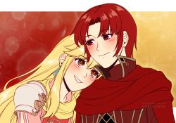 Rule 34 | 1boy, 1girl, adricarra, armor, azelle (fire emblem), blonde hair, blush, brown eyes, cape, commentary, earrings, english commentary, fire emblem, fire emblem: genealogy of the holy war, grin, jacket, jewelry, lachesis (fire emblem), long hair, looking at another, nintendo, pauldrons, pink shirt, red background, red cape, red eyes, red hair, red jacket, scarf, shirt, short hair, shoulder armor, sidelocks, smile, two-tone background, upper body, yellow background, yellow scarf