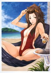 Rule 34 | 1girl, alcohol, armpits, beach, bikini, bracelet, breasts, brown hair, cigarette, cleavage, cloud, cup, day, dr. naomi, drink, drinking glass, eyewear on head, face, forehead, glass, glasses, grasshopper manufacture, hammock, high ponytail, highres, jewelry, large breasts, lips, looking at viewer, monokini, navel, no more heroes, ocean, one-piece swimsuit, outdoors, sand, sky, smoking, solo, sunglasses, swimsuit, tomozo kaoru, water, wavy hair, wet, yellow eyes