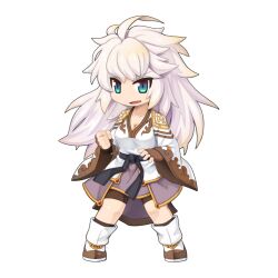 Rule 34 | 1girl, belt, black belt, blue eyes, boots, breasts, brown gloves, brown shorts, brown socks, chibi, cleavage, clenched hand, fingerless gloves, full body, gloves, large breasts, long hair, looking at viewer, medium bangs, messy hair, official art, open mouth, purple skirt, ragnarok online, shirt, shorts, shorts under skirt, simple background, skirt, socks, solo, standing, star emperor (ragnarok online), tachi-e, transparent background, v-shaped eyebrows, white footwear, white hair, white shirt, yuichirou
