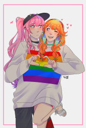 Rule 34 | 2girls, :|, ;d, absurdres, baseball cap, blush, braid, closed mouth, earrings, feather earrings, feathers, gradient hair, hair through headwear, hat, heart, heart hands, heart hands duo, highres, hololive, hololive english, jewelry, lgbt pride, mori calliope, multicolored hair, multiple girls, one eye closed, open mouth, orange hair, oversized clothes, oversized shirt, pink hair, ponytail, rainbow flag, sandals, shared clothes, shirt, smile, takanashi kiara, teeth, thunder-kate, twin braids, upper teeth only, virtual youtuber, yuri