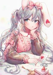 Rule 34 | 1girl, animal ears, between fingers, blue eyes, bow, cake, cake slice, card, commentary, dress, food, fork, fruit, grey background, grey hair, hair between eyes, hatsune miku, heart, holding, holding card, kemonomimi mode, long hair, long sleeves, ozzingo, pink bow, pink dress, plate, puffy long sleeves, puffy sleeves, rabbit ears, see-through, see-through sleeves, solo, strawberry, twintails, upper body, vocaloid