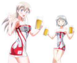 Rule 34 | 2girls, alcohol, alternate costume, ass, bare shoulders, beer, blonde hair, budweiser, clothes writing, costume, cup, dress, eila ilmatar juutilainen, green eyes, grey eyes, hiro yoshinaka, impossible clothes, impossible shirt, long hair, mug, multiple girls, product placement, sanya v. litvyak, shirt, short hair, silver hair, simple background, skin tight, strike witches, waving, world witches series