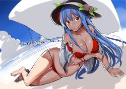Rule 34 | 1girl, absurdres, arm support, bare legs, bare shoulders, barefoot, bikini, black hat, blue hair, blue sky, blush, breast hold, breasts, cleavage, cloud, collarbone, dark-skinned female, dark skin, day, food, fruit, hanging breasts, hat, highres, hinanawi tenshi, large breasts, leaf, long hair, looking at viewer, lowleg, lowleg bikini, lying, navel, neropaso, open clothes, open shirt, peach, red bikini, red eyes, shadow, shirt, short sleeves, sketch, sky, solo, stomach, sunlight, swimsuit, tan, tanline, text focus, thigh gap, touhou, very long hair, white shirt