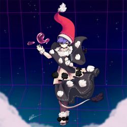 Rule 34 | 1girl, :3, aqua eyes, black capelet, blob, blue hair, book, capelet, doremy sweet, dream soul, dream world (touhou), dress, full body, hat, highres, kelbhin, long hair, looking at viewer, multicolored clothes, multicolored dress, nightcap, nightgown, pom pom (clothes), red hat, short hair, solo, standing, sweater, tail, touhou, turtleneck, turtleneck sweater, walking