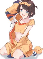 Rule 34 | 1girl, absurdres, blue eyes, brown hair, highres, hololive, looking at viewer, midriff, navel, nishiki yuno, off shoulder, onesie, oozora subaru, open mouth, orange shirt, shirt, short hair, sleeves past wrists, solo, stuffed animal, stuffed duck, stuffed toy, swept bangs, unbuttoned, virtual youtuber