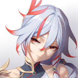 Rule 34 | 1girl, aqua gemstone, artist name, bare shoulders, brown eyes, china dress, chinese clothes, closed mouth, dress, fu hua, fu hua (phoenix), gradient background, gradient hair, grey background, hair between eyes, hair ornament, highres, honkai (series), honkai impact 3rd, long hair, looking at viewer, low-tied long hair, low ponytail, multicolored hair, partially shaded face, ponytail, red hair, red rope, rope, shaded face, sleeveless, sleeveless dress, solo, streaked hair, tdc24, turquoise (gemstone), white dress, white hair
