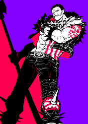 Rule 34 | 1boy, abs, bara, bare shoulders, bracelet, bulge, charlotte katakuri, climaxmukr, cropped jacket, dutch angle, feet out of frame, holding, holding lance, holding polearm, holding weapon, jacket, jewelry, lance, male focus, multiple monochrome, muscular, muscular male, navel, one piece, open clothes, open jacket, pectorals, polearm, scarf, unworn scarf, sharp teeth, short hair, solo, spiked bracelet, spikes, stomach, teeth, weapon