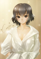 Rule 34 | 10s, 1girl, bathrobe, blush, brown eyes, brown hair, caesar (girls und panzer), character name, commentary, english text, girls und panzer, hands in pockets, haruhata mutsuki, looking at viewer, short hair, smile, solo, standing