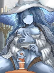 Rule 34 | 1girl, absurdres, after ejaculation, bar censor, blue eyes, blue skin, breasts, candle, censored, cloak, colored skin, convenient censoring, cracked skin, cum, elden ring, extra arms, extra faces, fur cloak, girl on top, handjob, hat, highres, large hat, leogust, medium breasts, mosaic censoring, no nipples, no panties, one eye closed, penis, ranni the witch, smile, textless version, underboob, witch hat