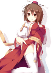 Rule 34 | 1girl, apple, apple on head, arch bishop (ragnarok online), arrow through apple, blush, breasts, brown eyes, brown hair, cleavage cutout, closed mouth, clothing cutout, commentary request, dress, fal maro, feet out of frame, food, fruit, highres, jacket, juliet sleeves, long sleeves, looking at viewer, medium breasts, puffy sleeves, ragnarok online, red apple, red dress, sash, shadow, short hair, shrug (clothing), simple background, smile, solo, thighhighs, two-tone dress, white background, white jacket, white thighhighs, yellow sash