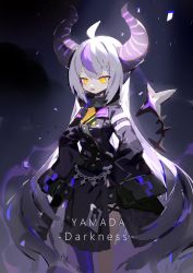 Rule 34 | 1girl, ahoge, ascot, black background, black coat, blue thighhighs, coat, commentary, cuffs, demon horns, demon tail, dress, highres, hololive, holox, horns, la+ darknesss, long hair, mamuru, multicolored hair, purple dress, shackles, single thighhigh, sleeves past fingers, sleeves past wrists, solo, streaked hair, striped horns, tail, thigh strap, thighhighs, very long hair, virtual youtuber, white hair, yellow ascot, yellow eyes