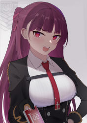 Rule 34 | 1girl, absurdres, bingzhi juzi, black gloves, black jacket, blush, braid, breasts, commentary, french braid, girls&#039; frontline, gloves, griffin &amp; kryuger, hair ribbon, hand on own hip, harness, highres, holding, jacket, long hair, looking at viewer, medium breasts, necktie, open clothes, open jacket, open mouth, purple eyes, purple hair, red necktie, ribbon, shirt, side ponytail, simple background, solo, teeth, tsundere, upper body, upper teeth only, wa2000 (girls&#039; frontline), white shirt