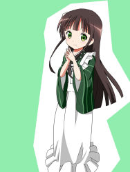 Rule 34 | 1girl, ama usa an uniform, apron, blunt bangs, blush, brown hair, closed mouth, commentary request, fingers together, flat chest, flower, frilled apron, frills, gochuumon wa usagi desu ka?, green eyes, green kimono, hair flower, hair ornament, highres, japanese clothes, kimono, long hair, long sleeves, looking at viewer, maid apron, mijinkoo, pink ribbon, polka dot trim, ribbon, sidelocks, smile, solo, standing, striped clothes, striped kimono, two-tone background, ujimatsu chiya, white apron, white flower, wide sleeves