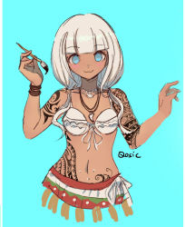 Rule 34 | 1girl, :3, bare shoulders, bikini, blue background, blue eyes, blunt bangs, commentary, cropped torso, danganronpa (series), danganronpa v3: killing harmony, dark-skinned female, dark skin, flat chest, hands up, highres, jewelry, looking at viewer, navel, necklace, qosic, simple background, sketch, smile, solo, swimsuit, tattoo, tooth necklace, yonaga angie