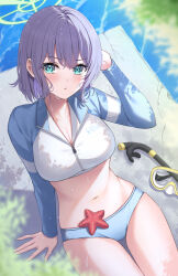 Rule 34 | 1girl, animal, bikini, blue archive, blue bikini, blush, breasts, cleavage, goggles, green eyes, green halo, hair between eyes, halo, highres, large breasts, long sleeves, looking at viewer, navel, official alternate costume, primamiya, purple hair, raglan sleeves, rash guard, saki (blue archive), saki (swimsuit) (blue archive), short hair, solo, starfish, swimsuit, wet
