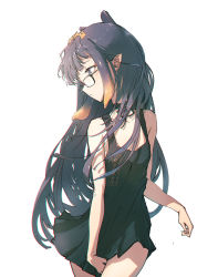 Rule 34 | 1girl, bad id, bad twitter id, bespectacled, black dress, black hair, collarbone, commentary, dino (dinoartforame), dress, english commentary, flat chest, glasses, hair behind ear, head tilt, highres, hololive, hololive english, looking to the side, ninomae ina&#039;nis, pointy ears, solo, tentacle hair, virtual youtuber, white background