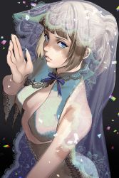 Rule 34 | 1girl, alternate hair color, alternate hair length, alternate hairstyle, blowing kiss, blue eyes, blunt bangs, breast curtains, breasts, bridal veil, brown hair, commentary, confetti, crop top, dress, emilie de rochefort, english commentary, eyeliner, fingernails, hair bun, hanny (uirusu chan), highres, lips, looking at viewer, makeup, namco, nose, official alternate costume, revealing clothes, short ponytail, single hair bun, small breasts, solo, tekken, underboob, updo, veil, wedding dress