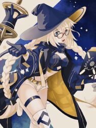 Rule 34 | 1girl, aesc (9th anniversary) (fate), aesc (fate), black coat, black gloves, black hat, blonde hair, blue background, blue eyes, book, boots, braid, breasts, cleavage, coat, crop top, fate/grand order, fate (series), glass, gloves, hat, highres, huwamo9 8ku, leg up, long hair, looking at viewer, navel, open clothes, open coat, open mouth, red-framed eyewear, short shorts, shorts, smile, solo, staff, thigh boots, thigh strap, twin braids, twintails, white background, white footwear, white shorts, witch hat