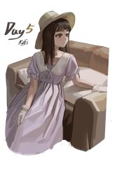 Rule 34 | 1girl, absurdres, artist name, brown eyes, brown hair, closed mouth, couch, cropped legs, dress, gloves, hat, highres, kofi-mo, long dress, long hair, looking to the side, original, purple dress, short sleeves, signature, solo, sun hat, white background, white gloves