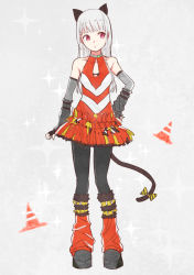 Rule 34 | 1girl, albino, animal ears, black footwear, black gloves, black pantyhose, blush, cat ears, cat tail, closed mouth, detached sleeves, fingerless gloves, frills, full body, gloves, grey background, grey hair, halterneck, hand on own hip, long hair, looking to the side, loose socks, orange skirt, original, pantyhose, personification, platform footwear, red eyes, shoes, skirt, socks, solo, sparkle, straight hair, tail, tanaka (colorcorn), traffic cone