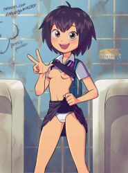 Rule 34 | 1girl, backpack, bag, black hair, breasts, brown eyes, clothes lift, female focus, graffiti, highres, looking at viewer, mangamaster, marvel, nipples, open mouth, panties, pee stain, peni parker, plaid, plaid skirt, pleated skirt, restroom, school uniform, shirt lift, short hair, skirt, small breasts, smile, solo, spider-man: into the spider-verse, spider-man (series), spider-verse, standing, sweater vest lift, toilet, toilet stall, underwear, urinal, w, watermark, web address, white panties
