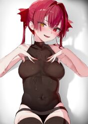 Rule 34 | 1girl, absurdres, black bodysuit, bodysuit, breasts, covered navel, fangs, gradient background, grey background, hair ribbon, heterochromia, highres, hololive, houshou marine, houshou marine (1st costume), looking at viewer, medium breasts, pomesaurus, red eyes, red ribbon, ribbon, shadow, solo, teeth, thighs, twintails, virtual youtuber, wet, yellow eyes