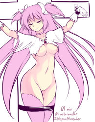 Rule 34 | 10s, 1girl, artist name, bdsm, bondage, bound, bound legs, bound wrists, breasts, choker, cleft of venus, closed eyes, completion time, cross, crucifixion, cuffs, curvy, gloves, kaname madoka, long hair, mahou shoujo madoka magica, mahou shoujo madoka magica (anime), maullarmaullar, medium breasts, monochrome, no bra, no panties, pink hair, pink thighhighs, pussy, shackles, simple background, sketch, solo, thighhighs, twintails, twitter username, two side up, ultimate madoka, uncensored, underboob, very long hair, white background, wide hips
