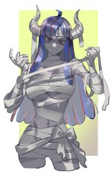 Rule 34 | 1girl, ahoge, bandages, blue hair, breasts, colored skin, covered mouth, curled horns, dinosaur girl, grey skin, horns, large breasts, looking at viewer, multicolored hair, mummy costume, one piece, pink eyes, pink hair, raine (acke2445), solo, streaked hair, ulti (one piece), underboob