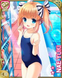 Rule 34 | 1girl, :d, blue eyes, blue one-piece swimsuit, bow, brown hair, character name, girlfriend (kari), long hair, official art, one-piece swimsuit, open mouth, pool, qp:flapper, ribbon, school swimsuit, smile, solo focus, standing, striped, striped bow, swimsuit, tagme, thighs, tile floor, tiles, twintails, water, yuuki nae