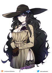 Rule 34 | alcina dimitrescu, black gloves, black hair, breasts, dress, flower, fubuki (senran kagura), garter straps, gloves, hair flower, hair ornament, hands together, hat, highres, jewelry, kometoze, legs, long dress, long hair, looking at viewer, necklace, resident evil, resident evil village, senran kagura, tall female, thighhighs, twintails