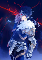 Rule 34 | 1boy, absurdres, aokiku, armor, belt, blue background, blue bodysuit, blue hair, bodysuit, cu chulainn (fate), cu chulainn (fate) (all), cu chulainn (fate/prototype), fate/grand order, fate/prototype, fate (series), gae bolg (fate), hair between eyes, highres, holding, holding lance, holding polearm, holding weapon, lance, long hair, looking at viewer, polearm, ponytail, red eyes, solo, weapon