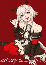 Rule 34 | 1girl, :d, absurdres, akaya shiki, animal ears, artist name, bare shoulders, black footwear, black jacket, blush, boots, bow, collarbone, collared dress, commentary request, covered collarbone, curren chan (umamusume), dress, ear bow, gloves, grey hair, hand up, head tilt, highres, horse ears, horse girl, horse tail, jacket, long sleeves, looking at viewer, off-shoulder jacket, off shoulder, open mouth, purple eyes, red background, red bow, red thighhighs, simple background, sleeveless, sleeveless dress, smile, solo, string, string around finger, string of fate, striped clothes, striped dress, tail, thighhighs, thighhighs under boots, umamusume, vertical-striped clothes, vertical-striped dress, white gloves