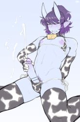 Rule 34 | 1boy, animal print, artist name, bar censor, bare shoulders, bell, bikini, blue background, blue skin, blush, censored, clenched teeth, closed eyes, collar, colored skin, commentary, cow print, cowbell, cum, ejaculation, elbow gloves, erection, gloves, hair between eyes, highres, horns, ittla, kyou (ittla), male focus, male masturbation, male pubic hair, masturbation, neck bell, nipples, oni, original, penis, penis in swimsuit, pointy ears, ponytail, print bikini, print gloves, print thighhighs, projectile cum, pubic hair, purple hair, purple pubic hair, sharp teeth, side-tie bikini bottom, simple background, skin-covered horns, solo, stomach, string bikini, sweat, swimsuit, teeth, thick eyebrows, thighhighs, trap