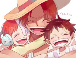 Rule 34 | 1girl, 2boys, age difference, aged down, artist request, black hair, child, dress, facial hair, father and daughter, grin, happy, hat, headphones, highres, hug, long hair, monkey d. luffy, multicolored hair, multiple boys, one piece, one piece film: red, red hair, scar, scar across eye, shanks (one piece), short hair, simple background, smile, straw hat, translation request, two-tone hair, upper body, uta (one piece), very long hair, white background, yellow dress