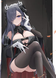 Rule 34 | 1girl, absurdres, adjusting hair, august von parseval (azur lane), azur lane, bare shoulders, black horns, breasts, clothing cutout, cross, curled horns, dress, gloves, hair over one eye, highres, horns, iron cross, large breasts, long hair, looking at viewer, mechanical horns, microdress, purple eyes, purple hair, shian-chu, sitting, solo, thighhighs, underboob cutout, very long hair, white gloves