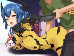 Rule 34 | 1boy, 1girl, arm grab, blue hair, blush, bodysuit, breasts, character request, clothed sex, covered erect nipples, hetero, hou (hachiyou), long hair, looking back, lying, on stomach, open mouth, phantasy star, phantasy star online 2, quna (pso2), red eyes, sex, skin tight, sweat, twintails, vaginal, zelsius