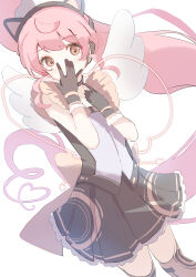 Rule 34 | 1girl, ahoge, angel wings, animal ear headphones, animal ears, arrow (symbol), back bow, black gloves, black skirt, black thighhighs, blush, bow, brown eyes, brown thighhighs, cat ear headphones, cat ears, choker, covering own mouth, cowboy shot, fake animal ears, fake wings, frills, gloves, headphones, heart, highres, idol, long hair, looking at viewer, multicolored thighhighs, pleated skirt, pretty series, priority9, pripara, red hair, shiratama mikan, shirt, simple background, skirt, sleeveless, solo, thighhighs, very long hair, white background, white wings, wings, zettai ryouiki