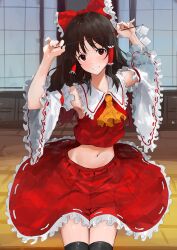 Rule 34 | 1girl, absurdres, armpits, ascot, black hair, black thighhighs, blush, bow, cropped shirt, detached sleeves, frilled bow, frilled hair tubes, frilled sailor collar, frills, gohei, hair bow, hair tubes, hakurei reimu, highres, japanese clothes, kaze 22, looking at viewer, midriff, miko, navel, nontraditional miko, pleated skirt, red eyes, red shirt, red skirt, sailor collar, shirt, sitting, skirt, smile, solo, stomach, thighhighs, touhou, wide sleeves, yellow ascot