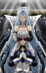 Rule 34 | 2girls, absurdres, archstreal, asymmetrical gloves, azur lane, bare shoulders, black gloves, blindfold, blood, blood on clothes, blood on face, blue hair, breasts, champagne (azur lane), closed eyes, closed mouth, collarbone, covering own eyes, cross hair ornament, crown, gauntlets, gloves, grey hair, hair ornament, highres, large breasts, long hair, multiple girls, saint-louis (azur lane), sitting, standing, uneven gloves, very long hair